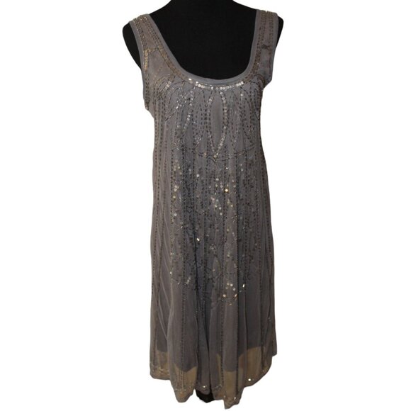 ANGIE Silver Beaded Mini Dress Stunning Gray Swing Gatsby S Small HOLIDAY PARTY - Picture 2 of 13